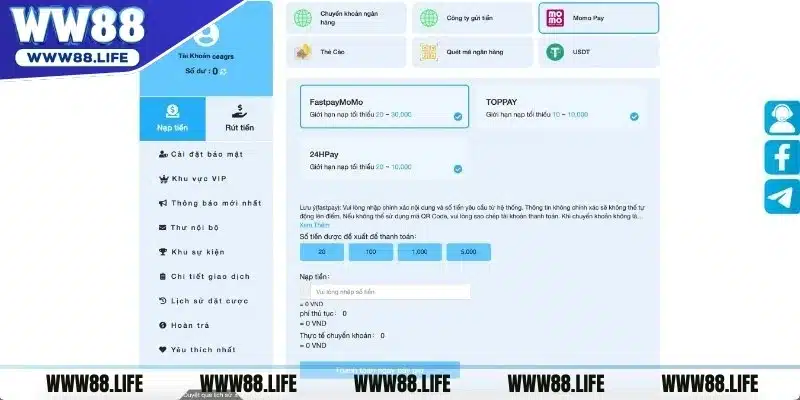 Nhà cái có hỗ trợ nạp tiền WW88 bằng ví điện tử Momo