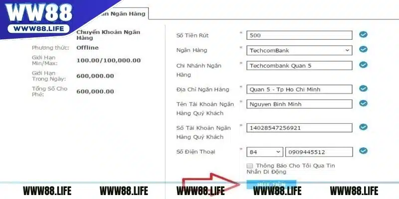 Rút tiền WW88 về ngân hàng cá nhân của người chơi